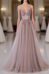 Pink V-Neckline Beaded Straps Long Party Dress, A-Line Pink Tulle Floor Length Semi Formal Prom Dress